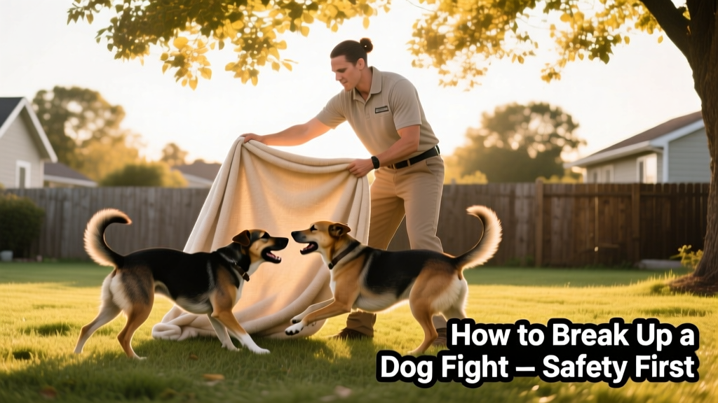 A calm, confident handler using a large folded blanket to gently separate two dogs mid-scuffle—no hands near mouths, clear space maintained