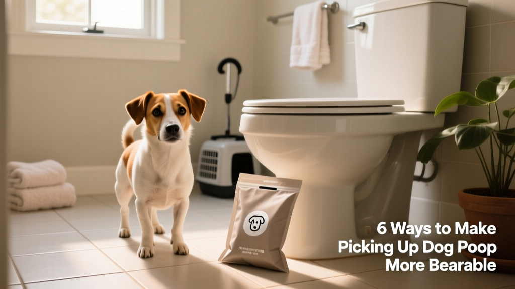 Small dog standing near a bathroom toilet, with a flushable dog waste bag placed nearby on the rim