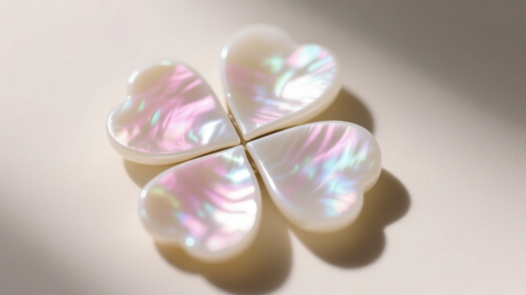 Macro close-up of AAA-grade white mother of pearl clover inlay showing iridescent pink overtones and a flawless smooth polish.