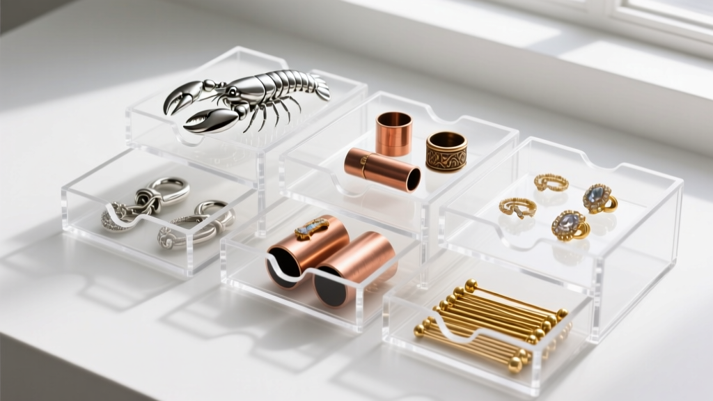 Acrylic drawers filled with sorted jewelry components, including silver lobster clasps, copper crimp tubes, and brass headpins.