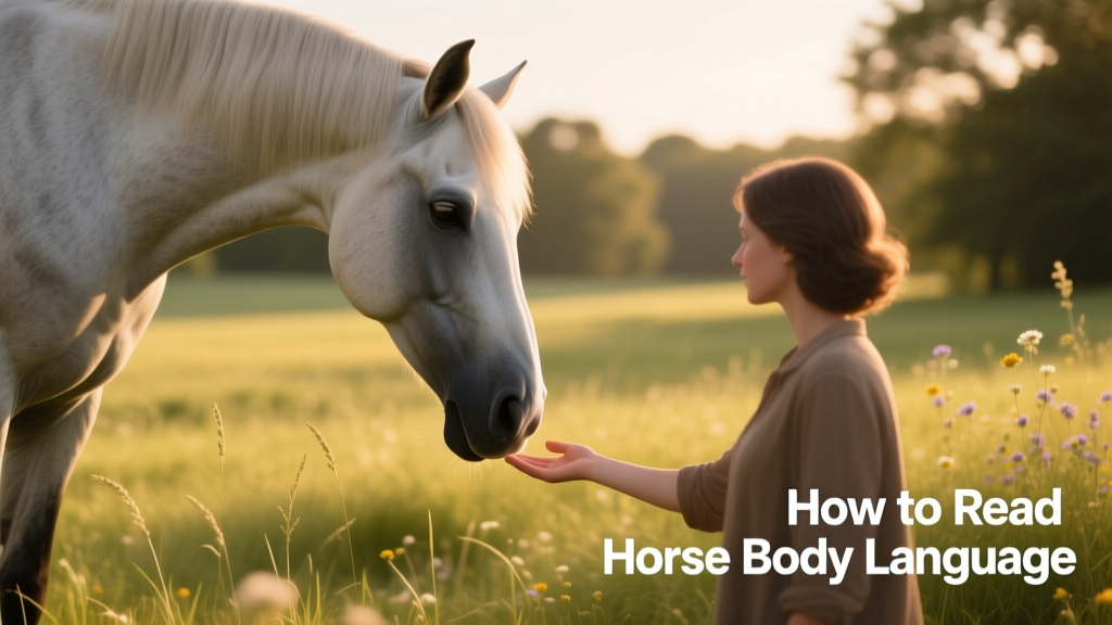 A calm horse lowering its head toward a person’s hand in a quiet, grassy setting