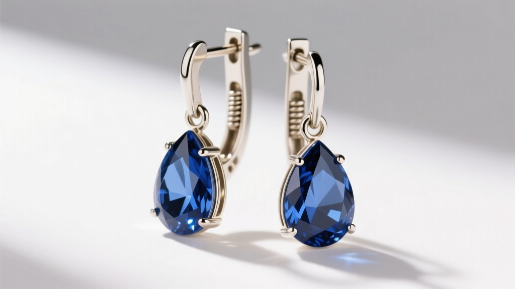 Side view of 18k white gold drop earrings with pear-shaped lab sapphires, emphasizing the secure leverback clasp mechanism.