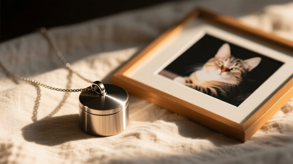 Brushed titanium pet cremation urn necklace on soft linen next to a framed photo of a cat, illuminated by warm, gentle sunlight.