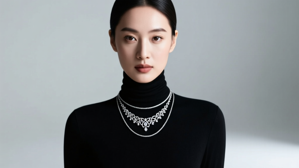 Woman wearing a black turtleneck layered with a delicate silver Shikon jewel necklace and a thin rope chain under studio lighting.