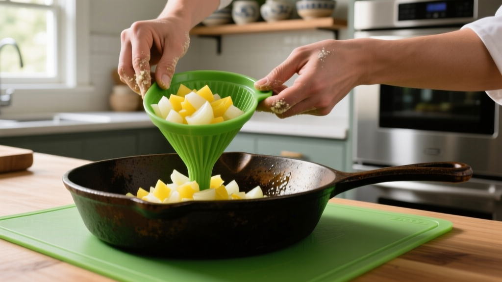 Home cook transferring diced onions from a flexible green polyethylene prep mat into a cast iron skillet using a built-in funnel edge