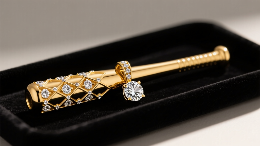 A 14k gold baseball bat pendant with moissanite stones on a dark velvet tray under warm studio lighting.