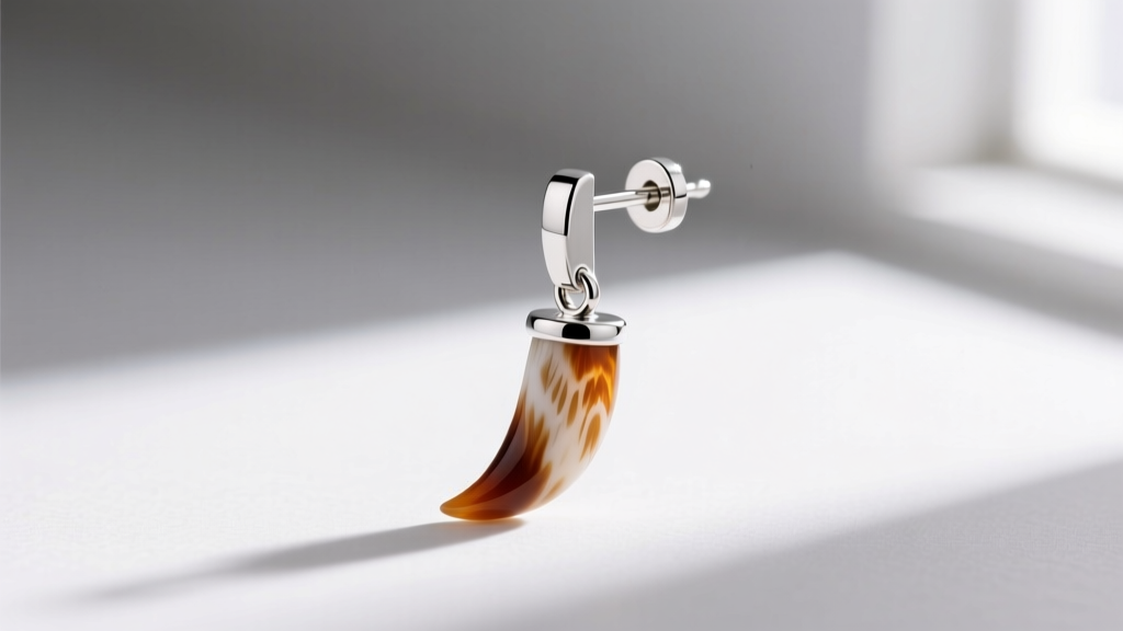 Close-up of a 20-gauge sterling silver post with a secure locking back, supporting a lightweight carved muskox horn drop earring
