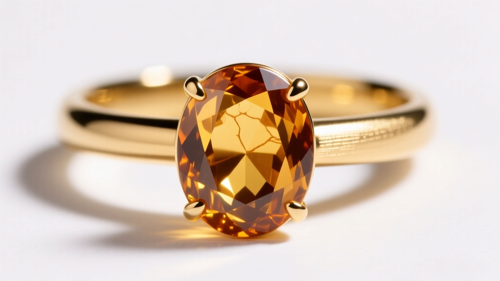 Macro shot of a 14k yellow gold ring featuring a 3-carat oval Madeira citrine, illuminated by warm directional studio lighting.