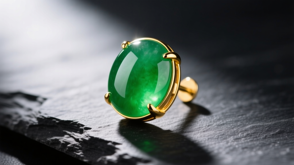 Macro photography of a translucent imperial green jadeite cabochon earring set in an 18k yellow gold bezel, resting on dark slate
