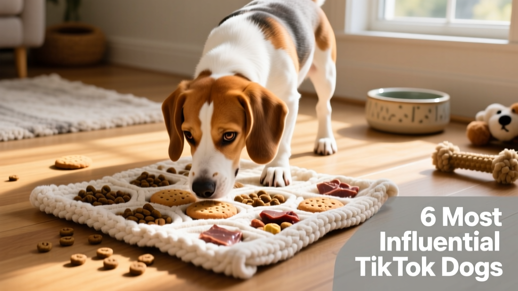 Biscuit the beagle intently sniffing a homemade scent puzzle mat made from towels and treats