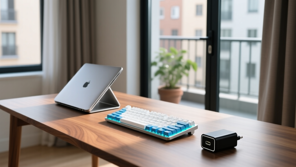 Minimalist apartment desk setup featuring a folded laptop stand, ultra-slim mechanical keyboard, and small GaN charger on walnut wood