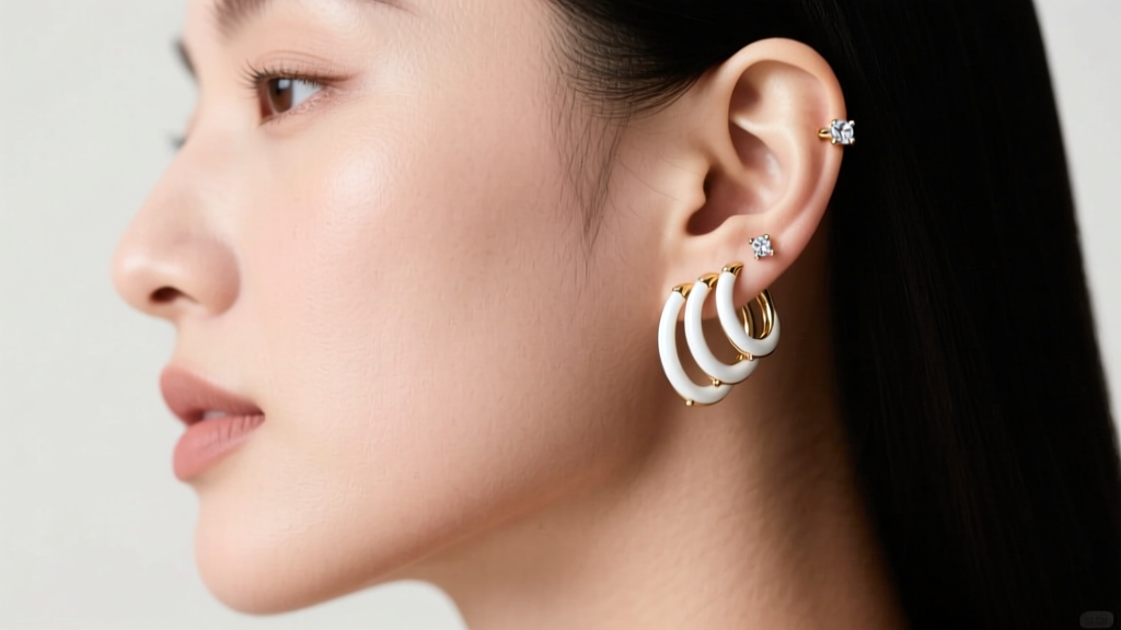Side profile of a triple lobe piercing stacked with three decreasing diamond-accented white gold hoops against natural skin tones
