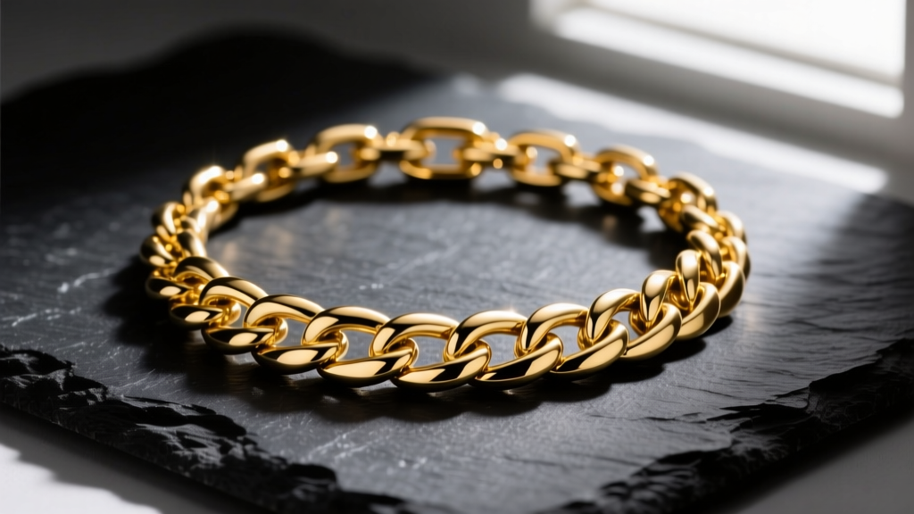 Macro photo of 14k yellow gold Cuban link necklace on dark slate, dramatic side lighting highlighting interlocking metal links