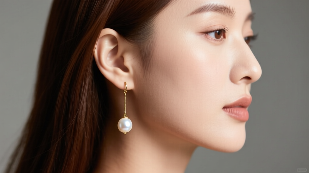 Close-up profile of a woman wearing a single 10mm white Akoya pearl drop earring on a 14k gold wire under soft studio lighting.