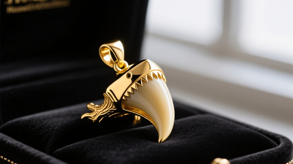 Macro shot of a solid 14k yellow gold shark tooth pendant on dark velvet, highlighting sharp serrations and detailed root base.