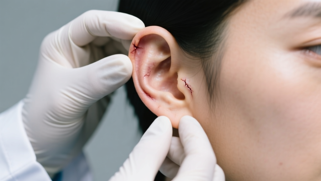 Medical professional examining a healed earlobe post-repair surgery, showing a seamless invisible scar in bright clinical lighting.