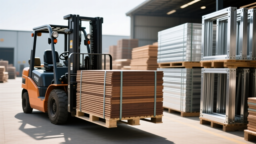 Forklift moving strapped pallets of grooved composite decking boards at a commercial lumber yard next to aluminum framing.