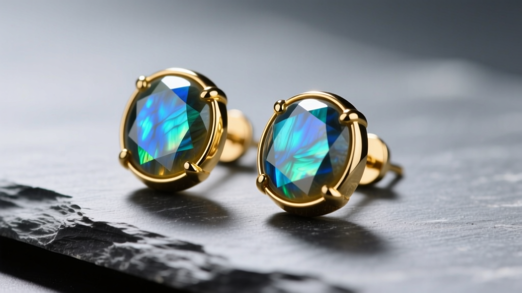 Close-up of gold bezel labradorite stud earrings on slate, showing bright blue and green schiller flashes in soft studio light