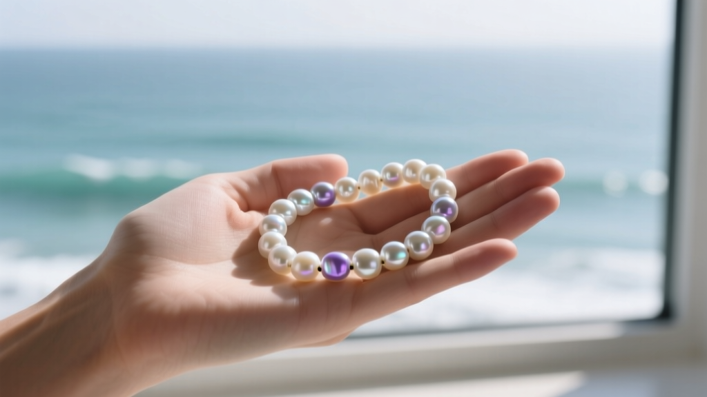 Close-up of a hand holding a strand of unbleached Mother of Pearl heishi beads against a soft, blurred ocean background.
