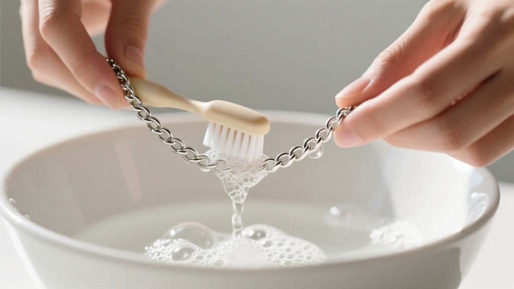 Hands gently brushing a textured sterling silver chain with a soft baby toothbrush and mild soapy water over a white ceramic bowl