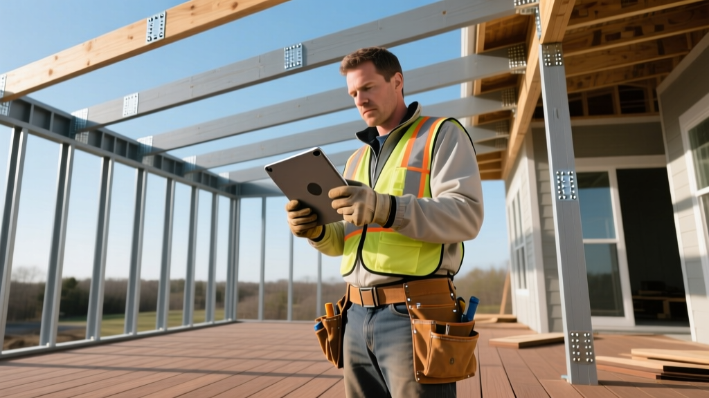 Contractor reviewing a digital decking materials calculator on a tablet while standing on a partially framed composite deck