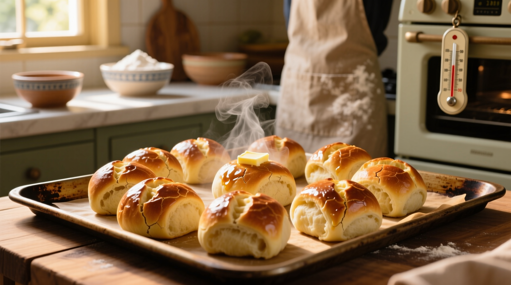 Homemade potato rolls golden brown on baking sheet