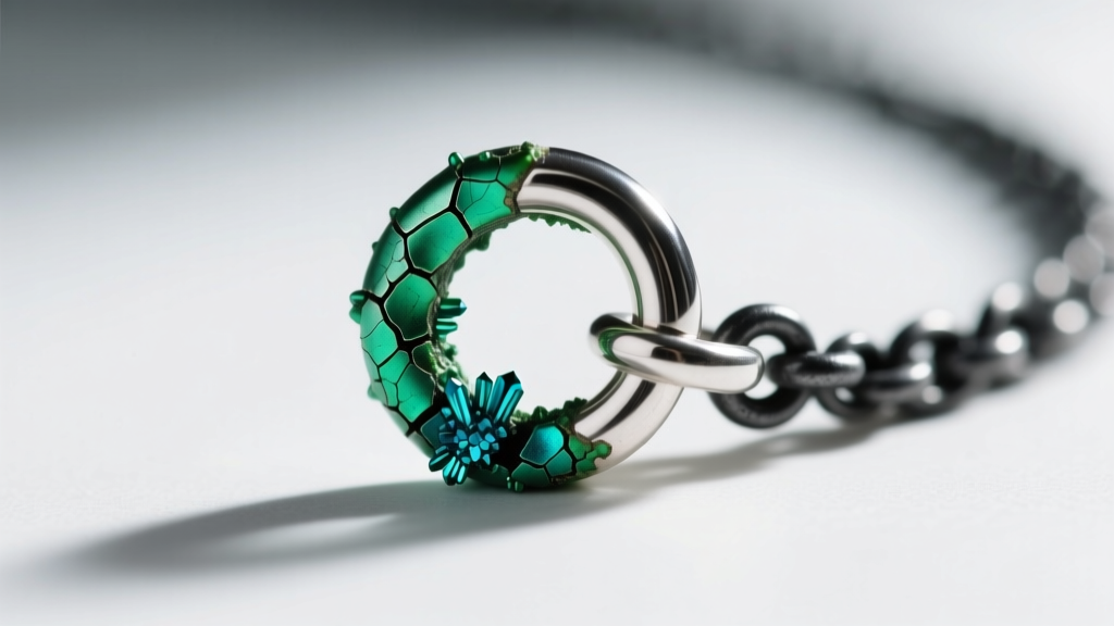 Macro shot showing galvanic corrosion and green tarnish where a sterling silver jump ring meets a carbon steel necklace clasp