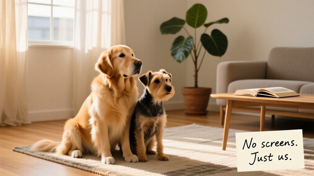 Two dogs sitting side by side on a sunlit living room rug, looking relaxed and content