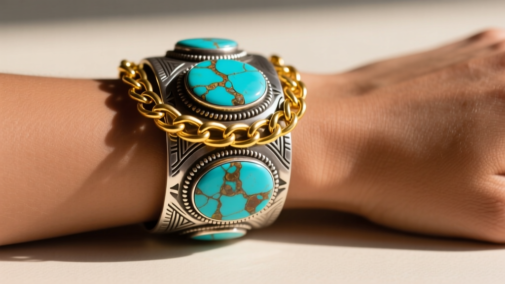 Wrist stacking a vintage Navajo silver and turquoise cuff alongside a modern 18k yellow gold chain in soft natural light.