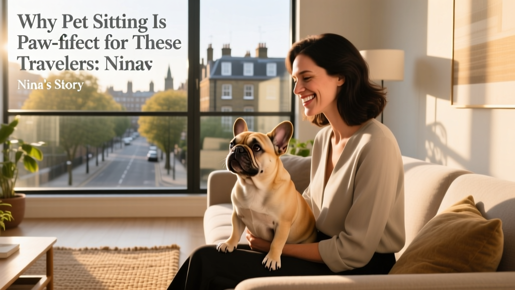Nina smiling beside a small French bulldog named Lola in a sunlit London apartment