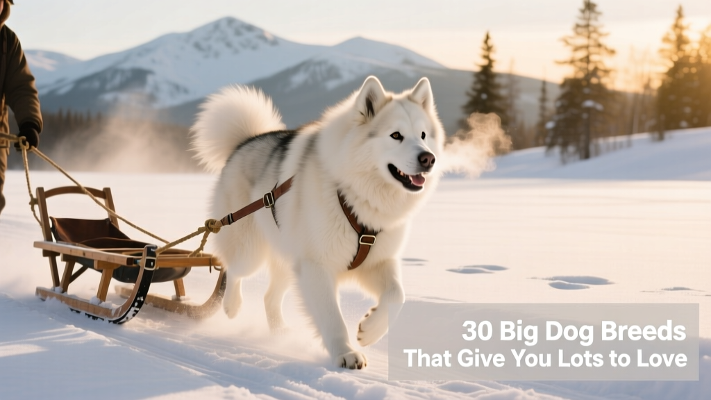 An Alaskan Malamute happily pulling a sled through snow