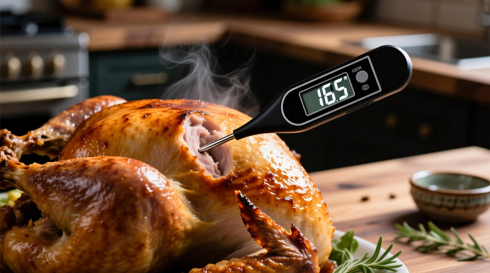 Digital thermometer showing 165 degrees in cooked turkey