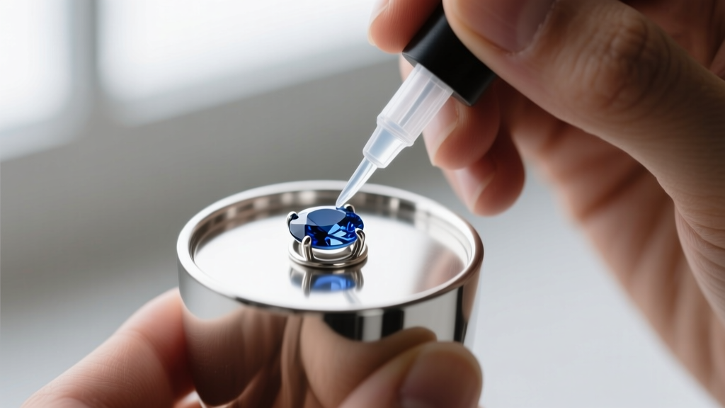 Hands applying clear epoxy with a fine-tip tool to a silver bezel cup stud setting before placing a small sapphire cabochon