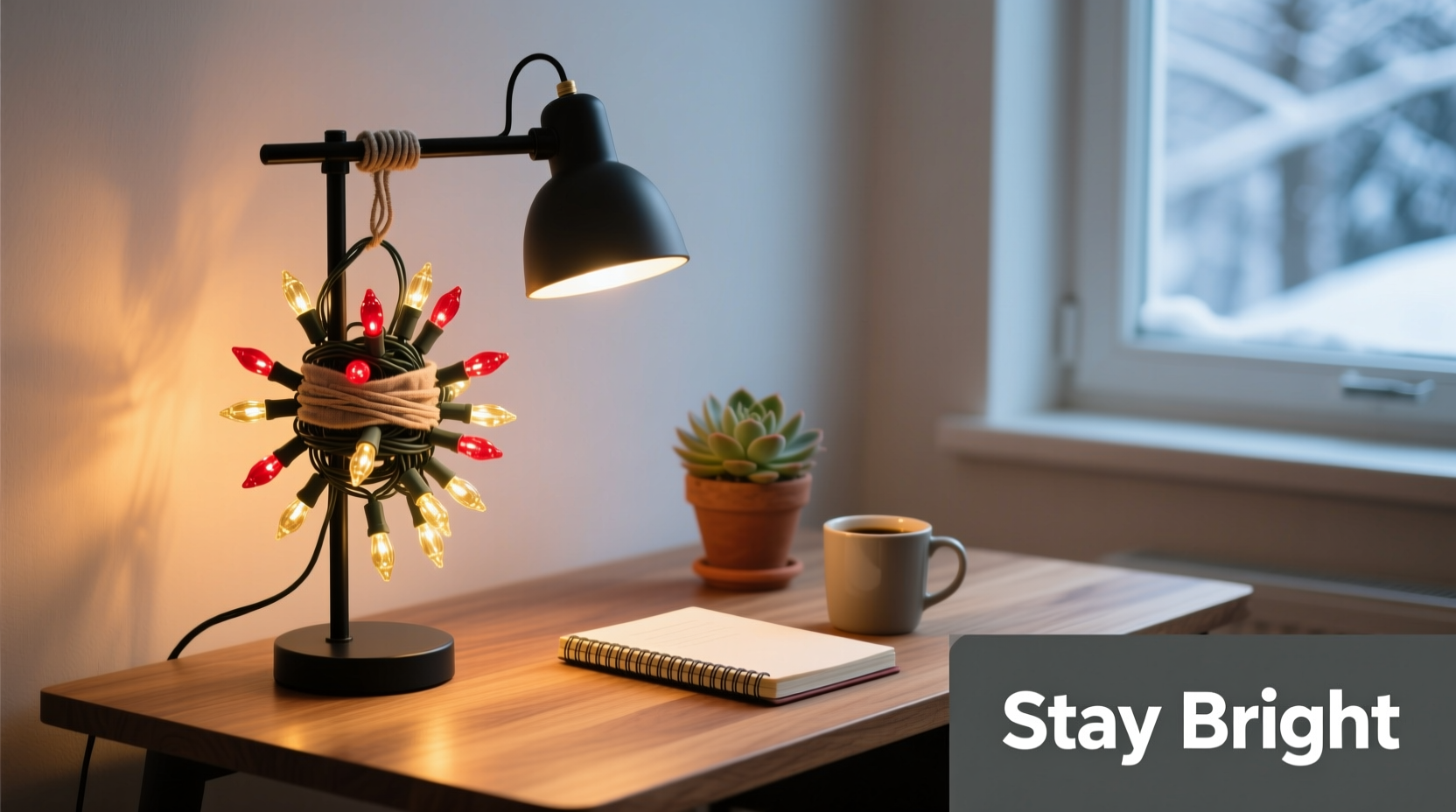 how to use leftover christmas lights for functional desk lighting during january blues