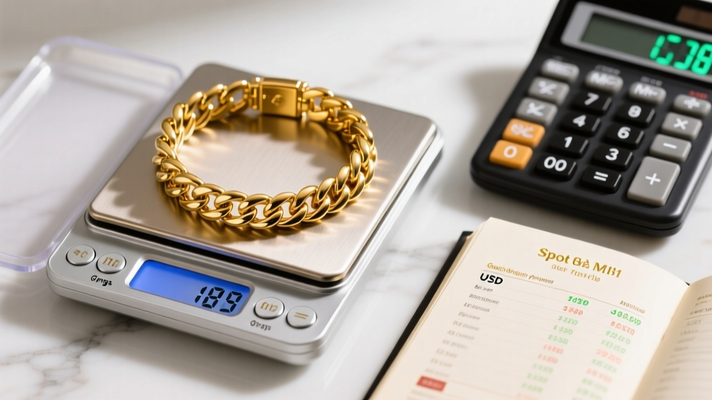 Digital jewelry scale weighing a heavy 18k yellow gold Cuban link bracelet next to a financial calculator and a spot price ledger.