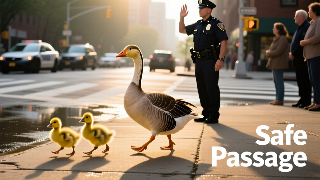 Close-up of goslings following their parents across pavement, with officer standing nearby