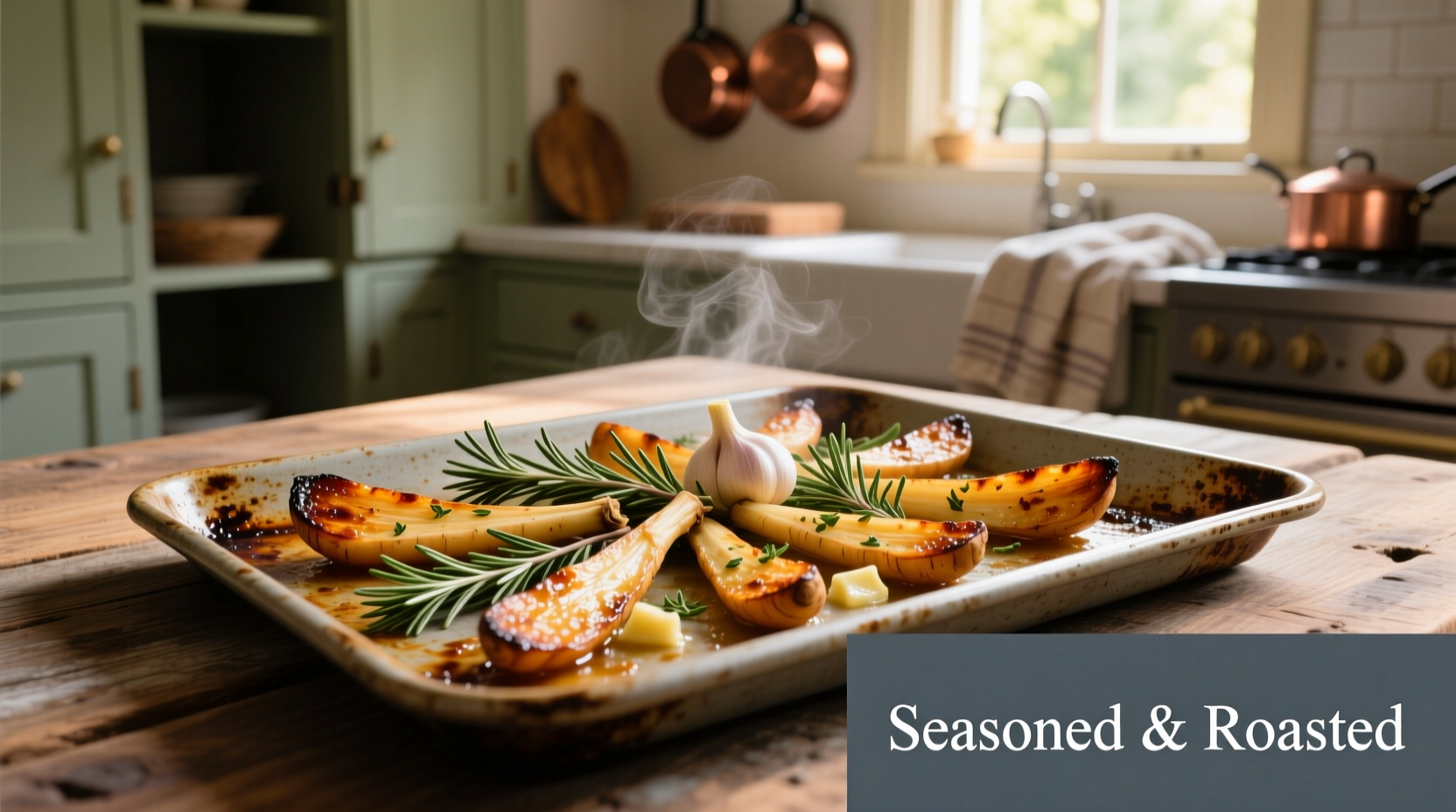 Roasted parsnip wedges with herbs on baking sheet