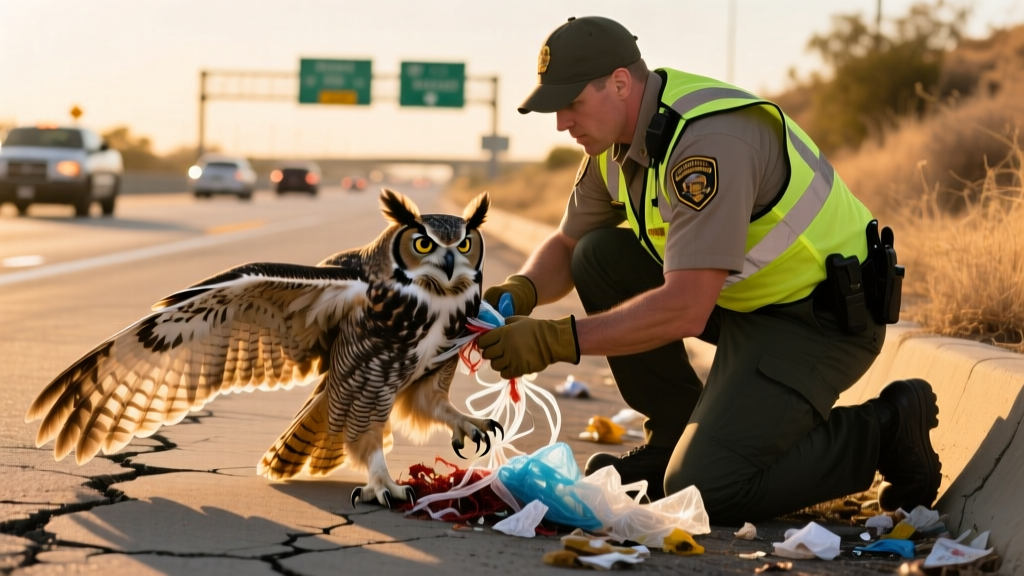Police Rescue Great Horned Owl Who was Trapped in Plastic Along Busy Freeway