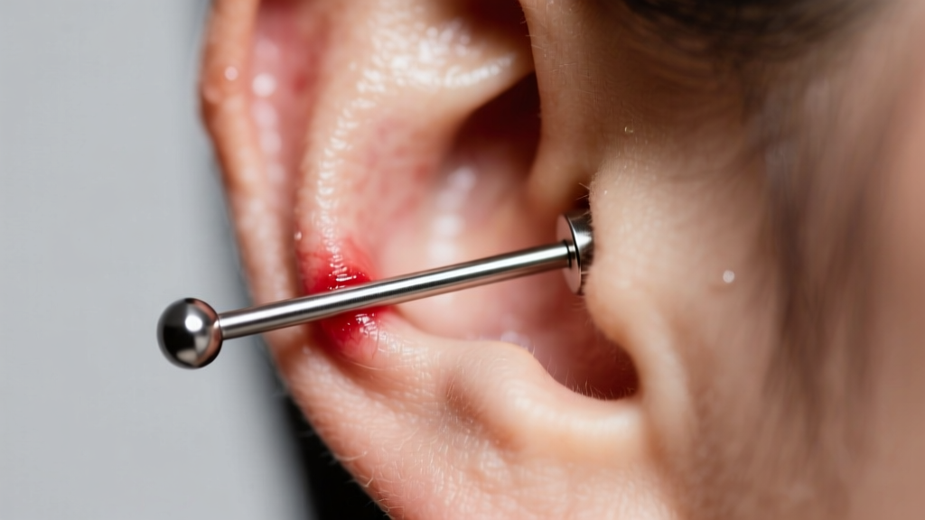 Macro close-up of a healing 16-gauge titanium cartilage flat piercing with minor redness, shown under soft clinical lighting.