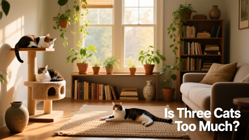 Three cats lounging peacefully in different spots around a sunlit living room with cat trees and shelves