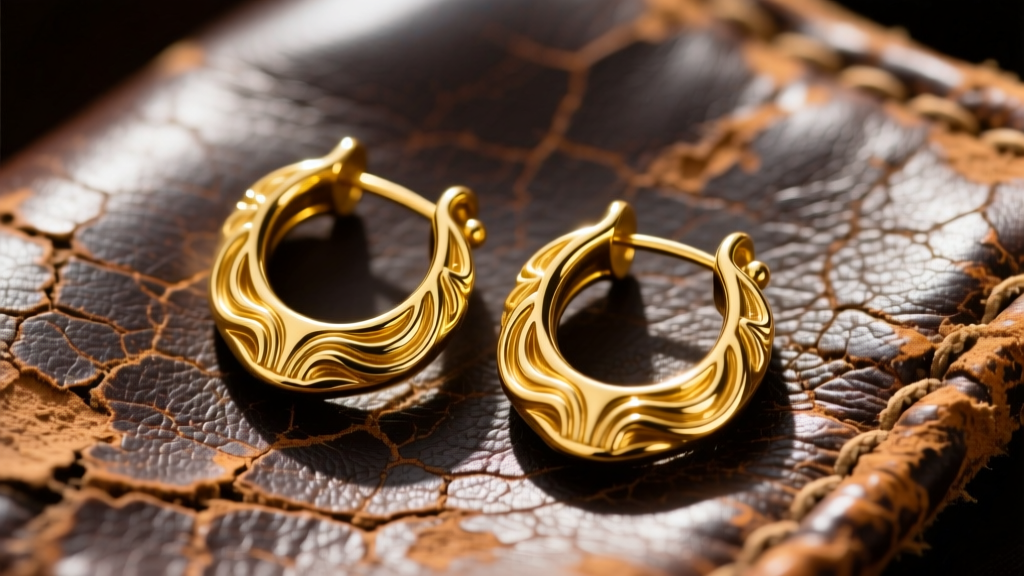 14k yellow gold saddleback hoop earrings on distressed leather, capturing a vintage 1970s rock and roll biker jewelry aesthetic.