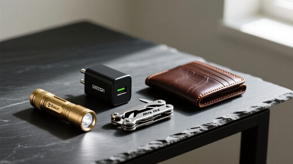 Brass Olight micro flashlight, Ugreen GaN charger, and steel Nite Ize multi-tool resting on dark slate desk next to leather bifold wallet