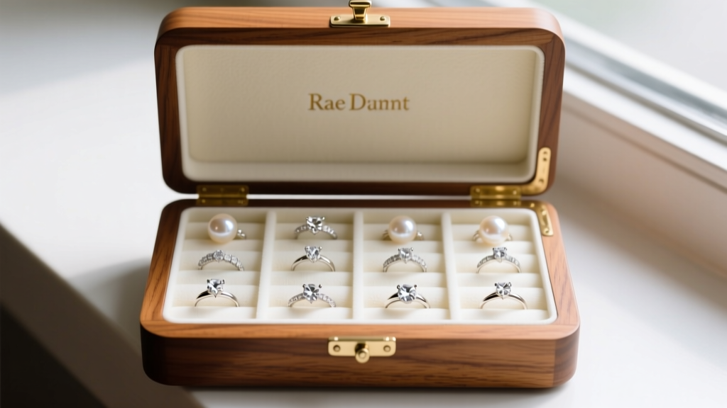 Retrofitted wooden Rae Dunn valet box with custom anti-tarnish polyethylene foam inserts separating diamond and pearl rings safely.