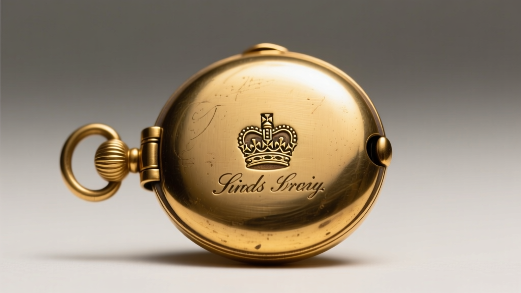 Macro shot of antique gold locket clasp showing a tiny British crown assay mark and faded initials under bright studio lighting.