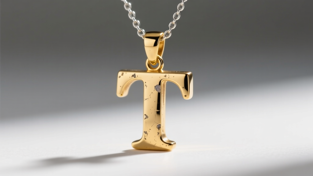 Macro photography of a delicate gold-plated initial T pendant necklace showing slight tarnish on the brass base metal edges