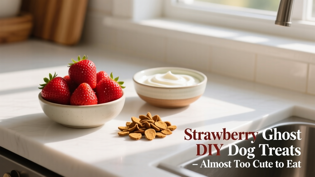 Fresh strawberries arranged on a clean kitchen counter next to plain Greek yogurt and carob chips