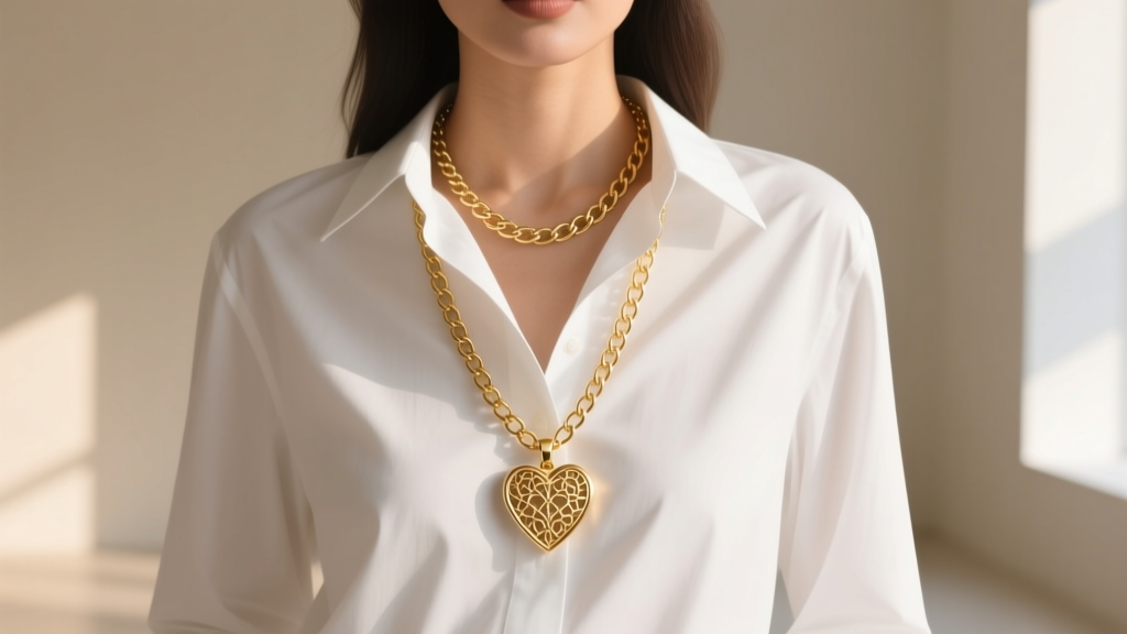 A woman wearing an 18-inch gold box chain with a small heart container pendant layered over a crisp white button-down shirt.