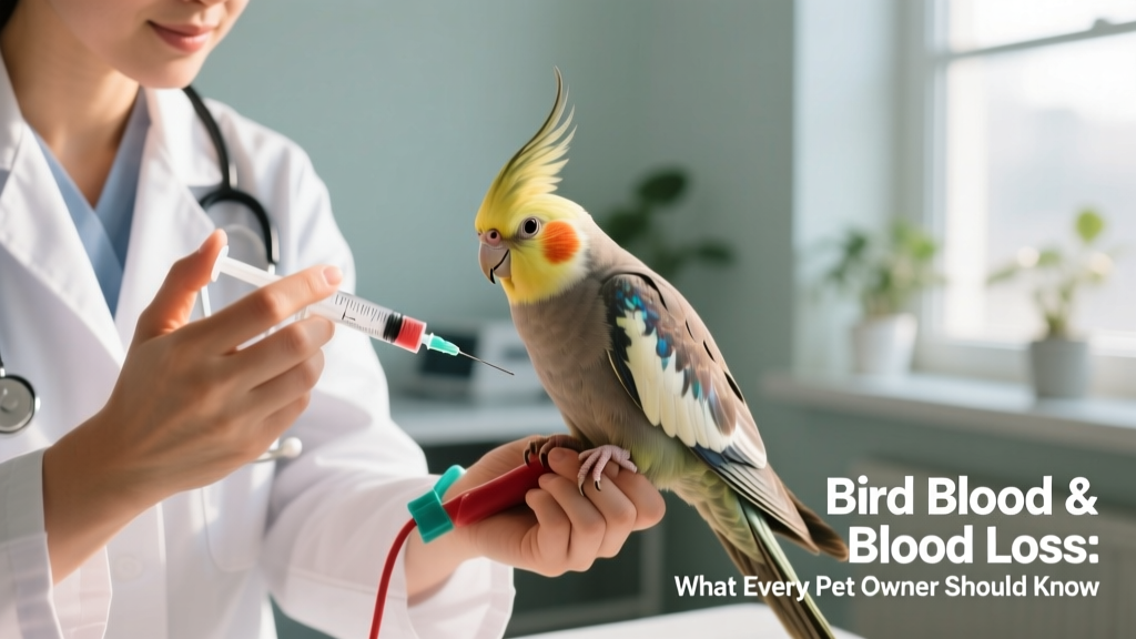 avian veterinarian gently drawing blood from a calm cockatiel using a sterile syringe, with proper restraint and lighting