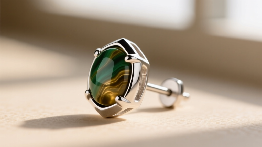 Macro shot of polished sterling silver bezel holding a 5mm moss agate cabochon, attached to a matte titanium earring post.