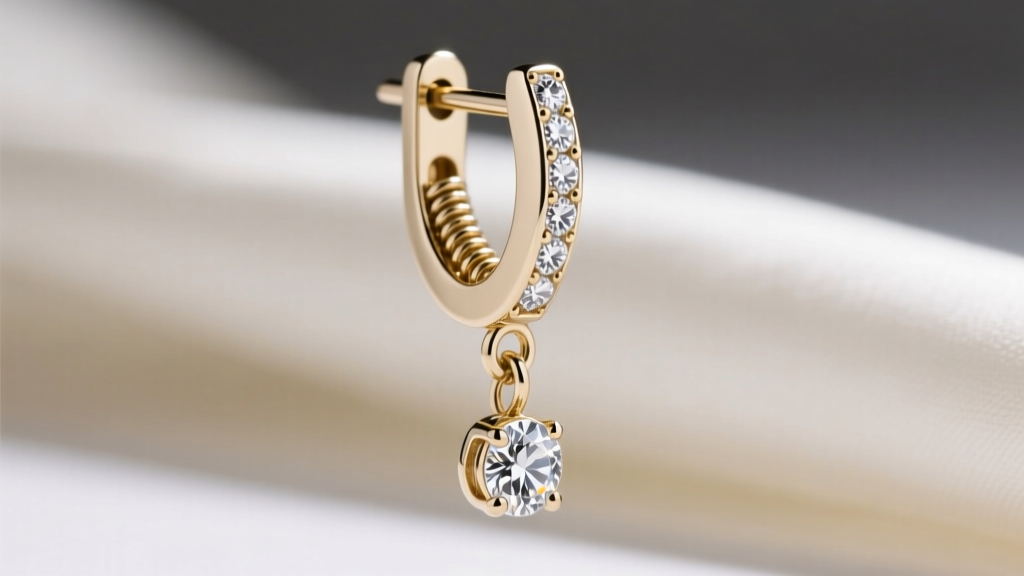 Close-up of an 18-gauge 14k white gold leverback earring clasp mechanism securing a delicate diamond-set articulated dangle drop